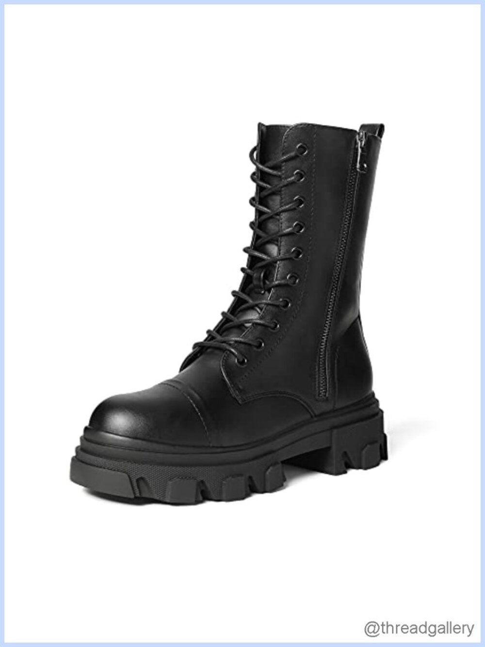 Women's Combat Boots Mid Calf Faux Leather Lace Up Zip Low Heel Round Toe